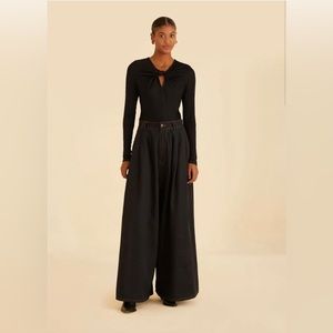 Farm Rio Black Canvas Maxi Pleated Pants